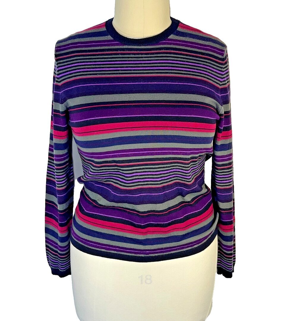 ETRO Sweater Womens Fits Like L Dark Striped Wool Crew Neck Made in Italy - Picture 2 of 16